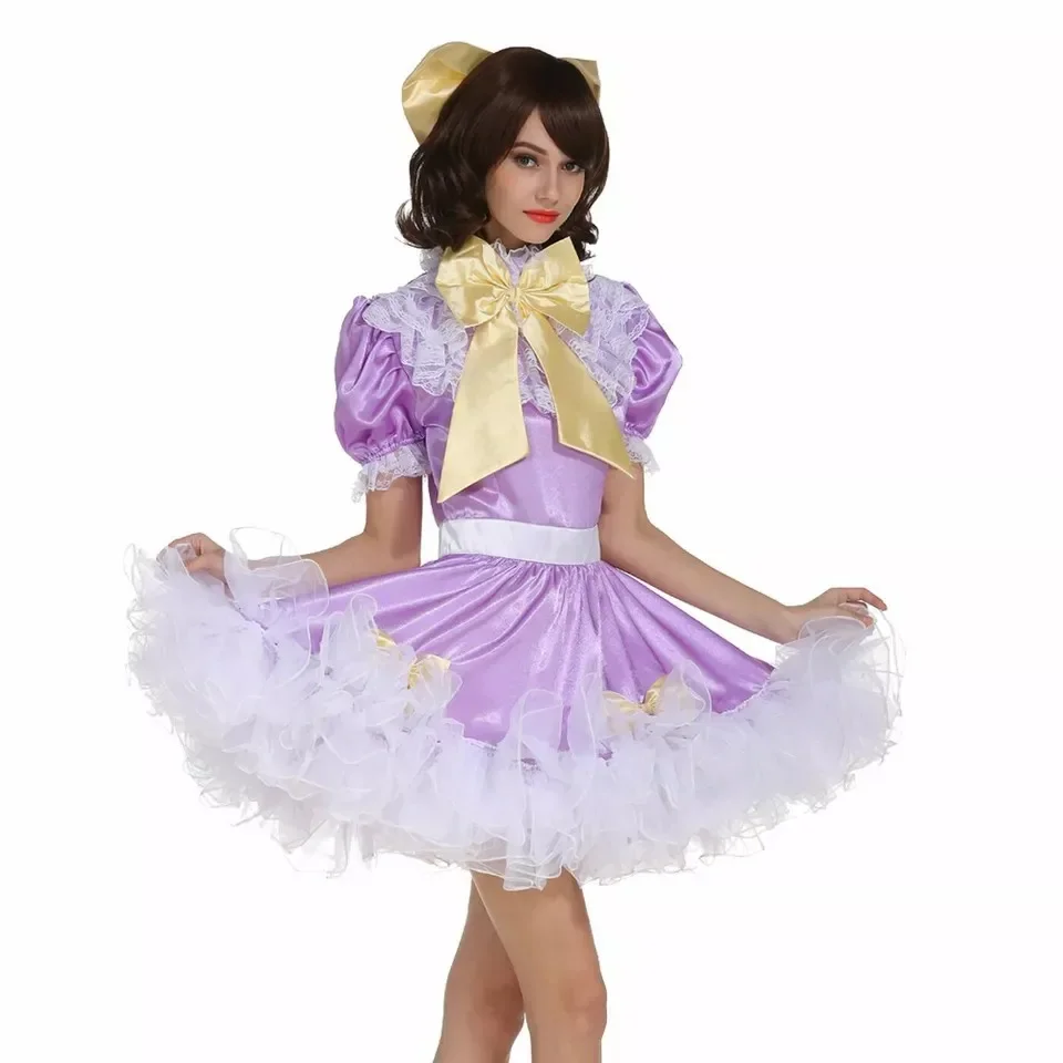 

Sissy Girl Purple Satin Cosplay Costume, Lockable French Maid Costume, Tailored Dress, Cute, Transgender Person