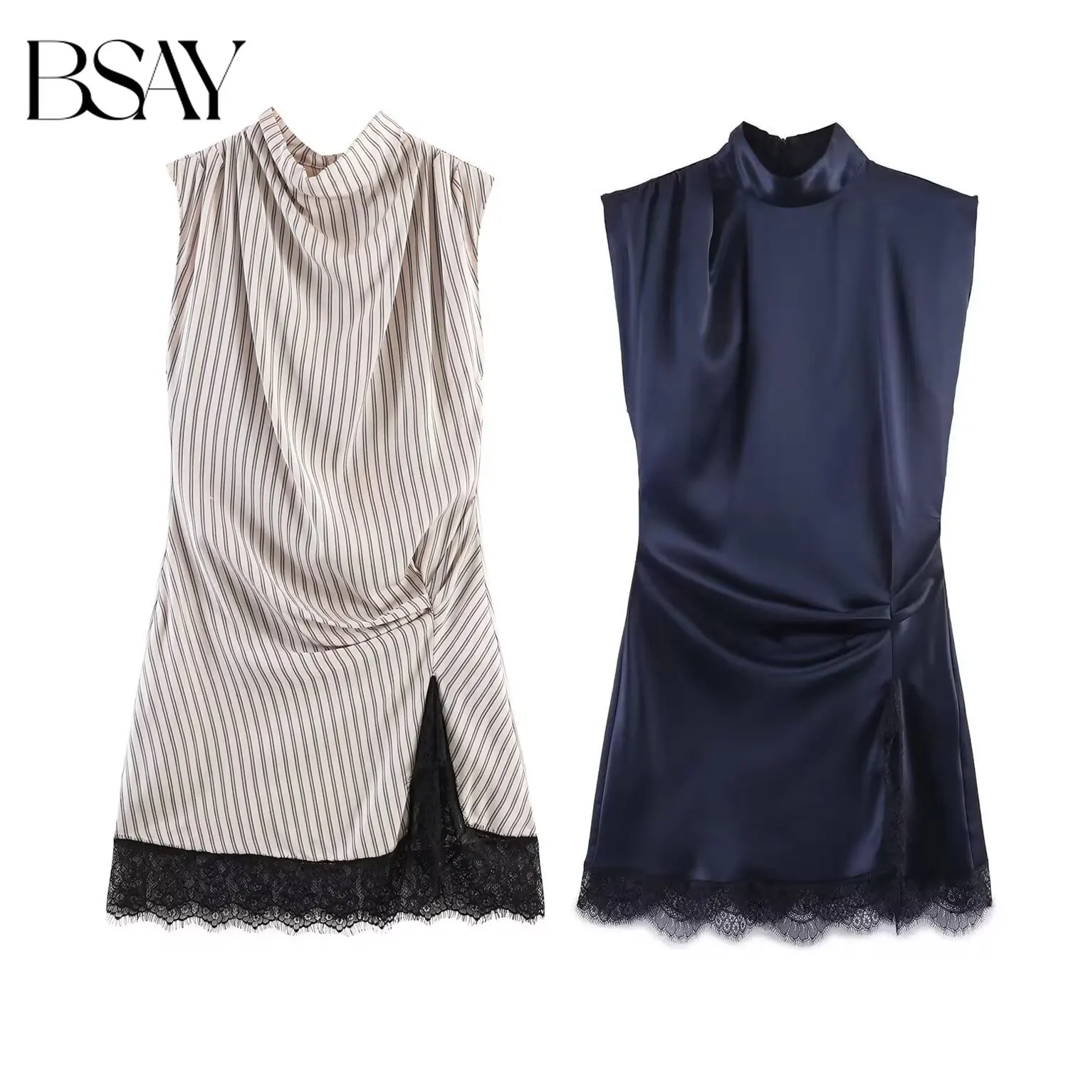BSAY Hemdchenkleid mit Schlitz und Spitzenpatchwork, Sommer Neu 2026, Streetwear, Schickes Damenkleid mit Reißverschluss am Rücken, Ärmellos