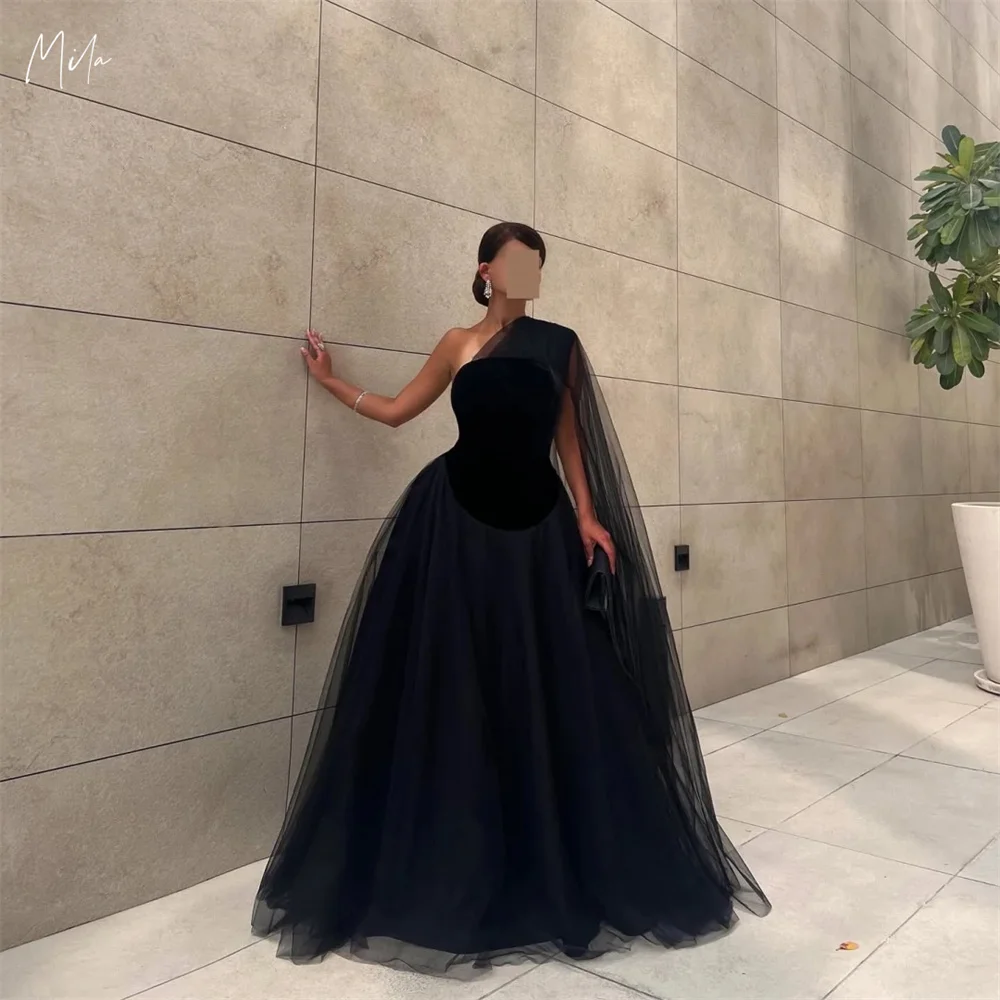 

Mila Customized Black One Shoulder With Ribbon Prom Dresses Watteau Train vestidos de fiesta Floor-length Pleats فساتين سهرة