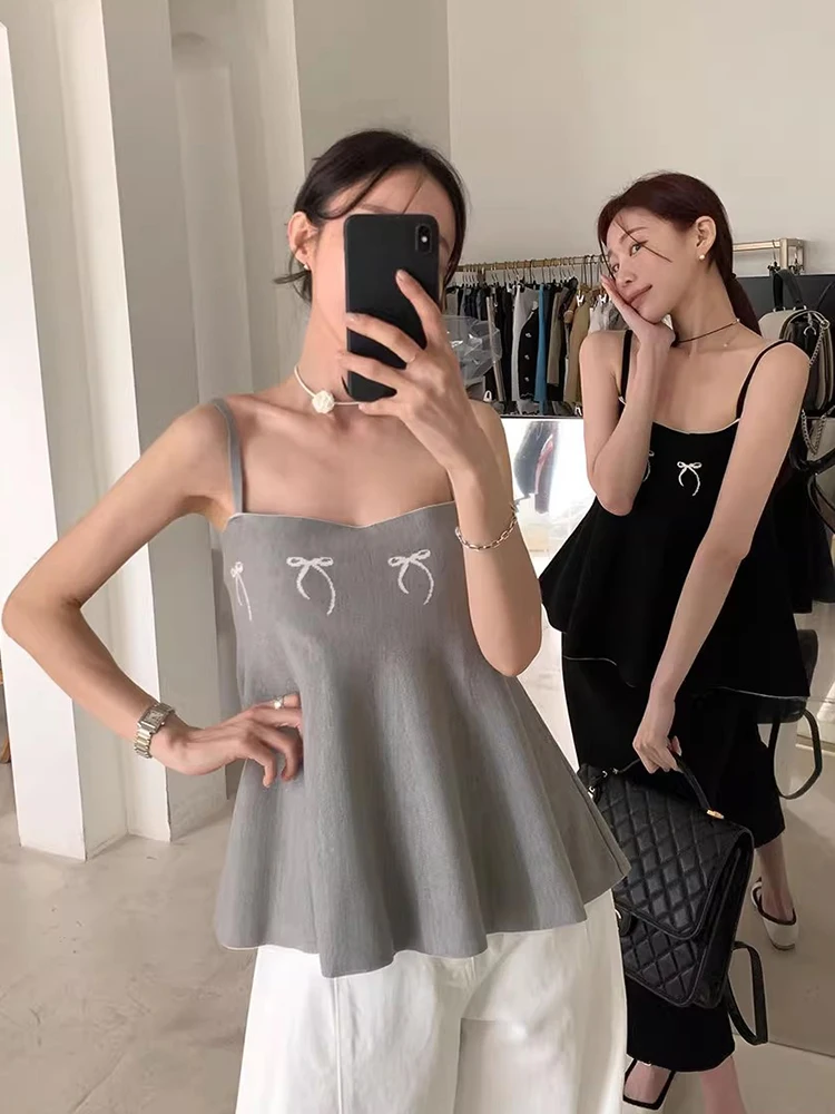 KUSAHIKI Korean Chic Summer Retro Square Collar Contrasting Bow Design Slim Fit Versatile Camisole Tanks Top for Women