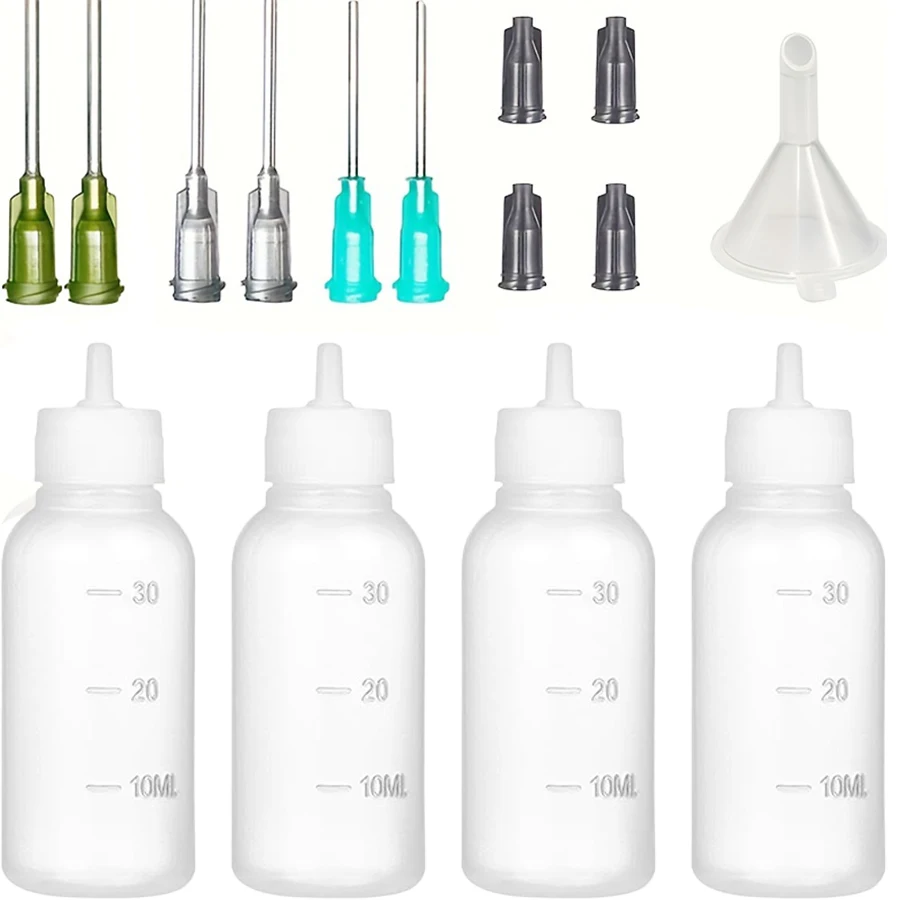Juego de 15 botellas aplicadoras con aguja - Botellas exprimibles de 30 ml, tapas de almacenamiento, aplicación de diamantes de imitación DIY, dispensación de pegamento DIY, suministros para manualidades DIY, suministros para costura de prendas DIY, además de botella de aceite para coser, agujas de calibre 14, 16 y 18, y mini embudo, para aplicación de pegamento, dispensador de aceite de precisión, uso en laboratorio