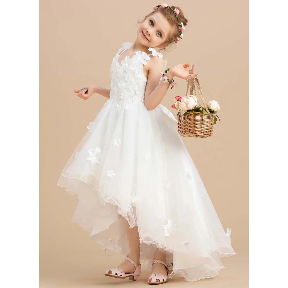 

Ball-Gown Princess Junior Bridesmaid Dresses V-Neck Asymmetrical Tulle Flower Girl Dress Custom Made