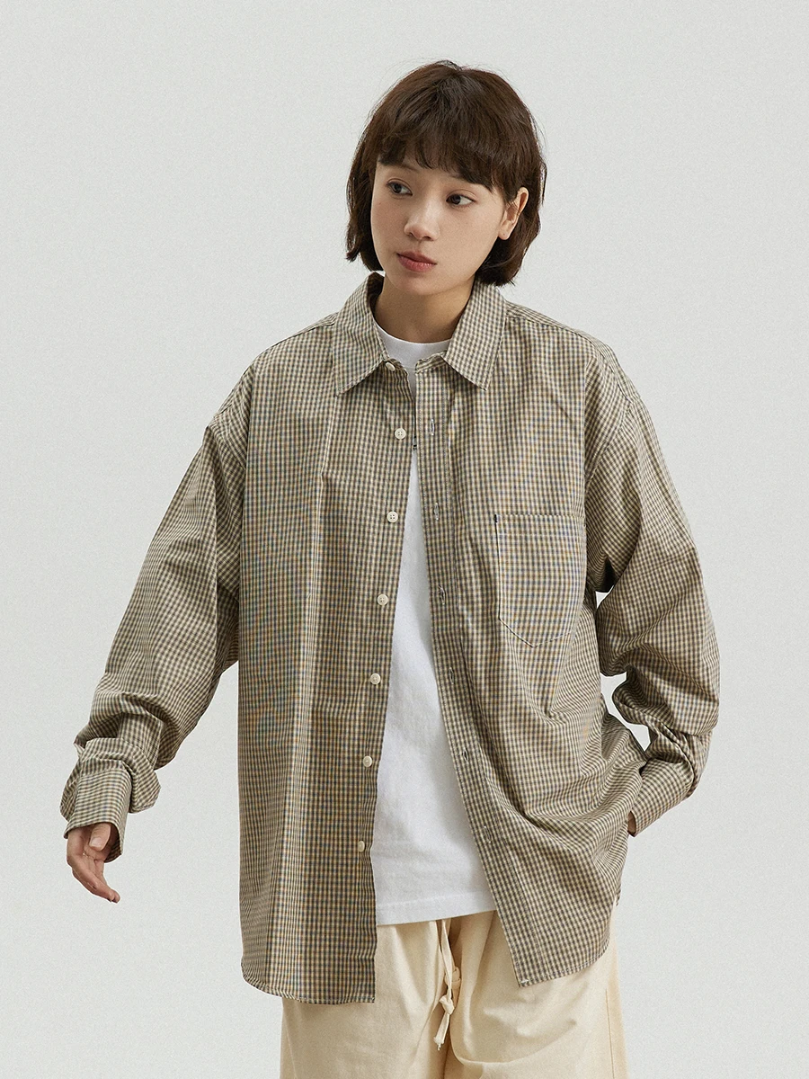 

Рубашка GoodNorth в стиле ретро, цвета хаки, в клетку, с длинным рукавом, свободного кроя, с воротником, повседневная, дышащая, из хлопка, осенняя, модная