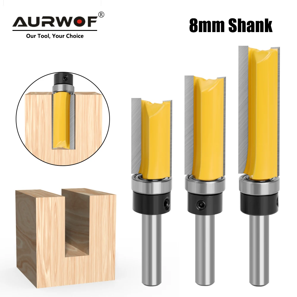 AURWOF 1PC 8mm Shank Pattern Bit Flush Trim Straight Bit With Bering Hinge Mortising Router Bit Wood Trimmer Cutter C08013