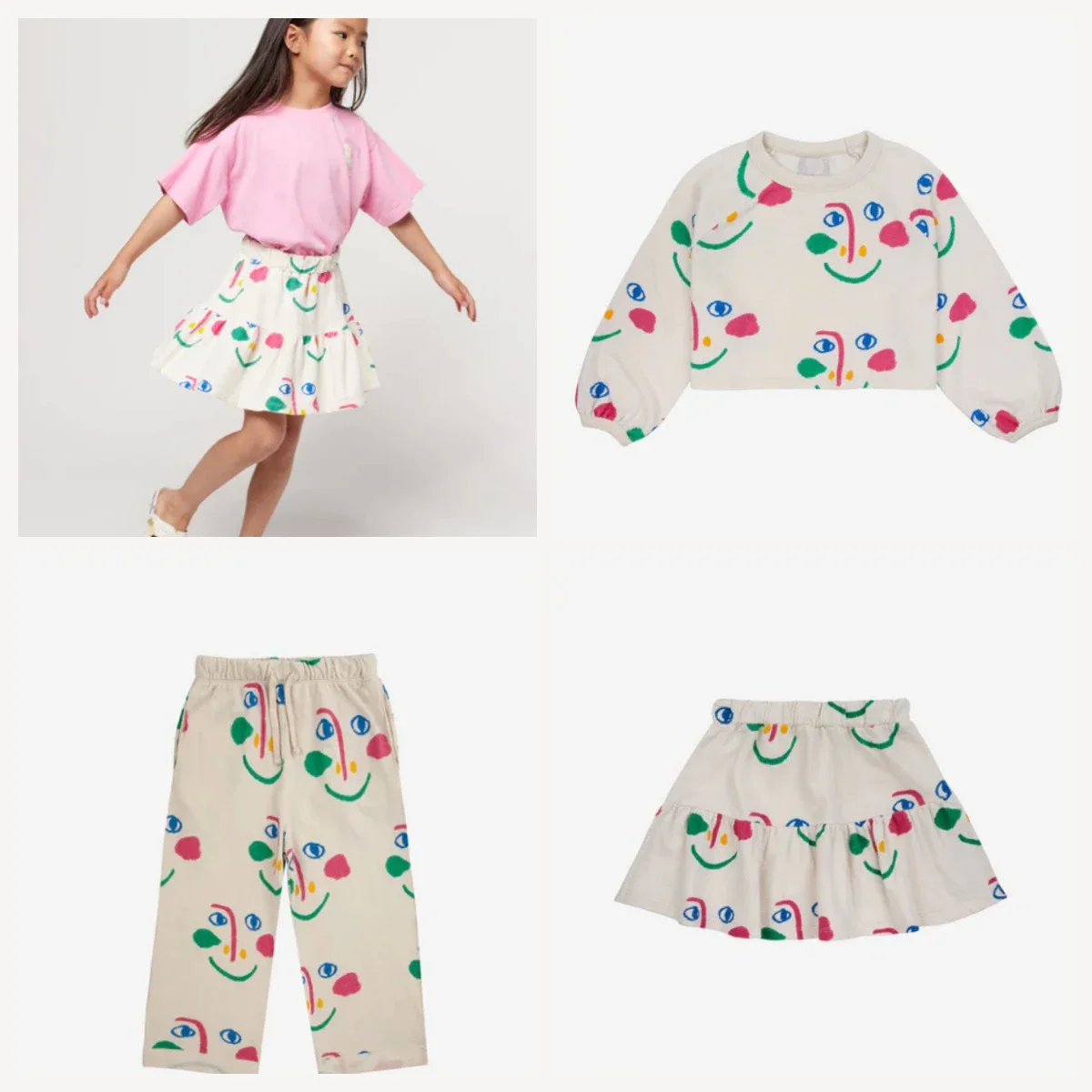 

Children's Set 2024 Spring New Full Print Smiling Face Series Jacquard Fabric Girls Top Summer Skirt Printed Casual Pants