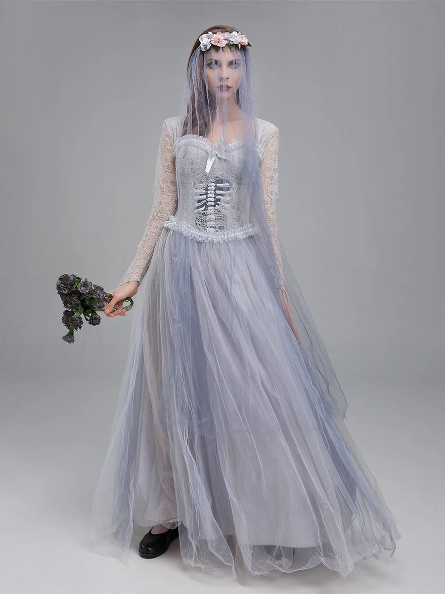 

Women Halloween Dead Bride Costume Ghost Corpse Bride Corset Dress and Veil Floral Headband Set for Cosplay Outfits