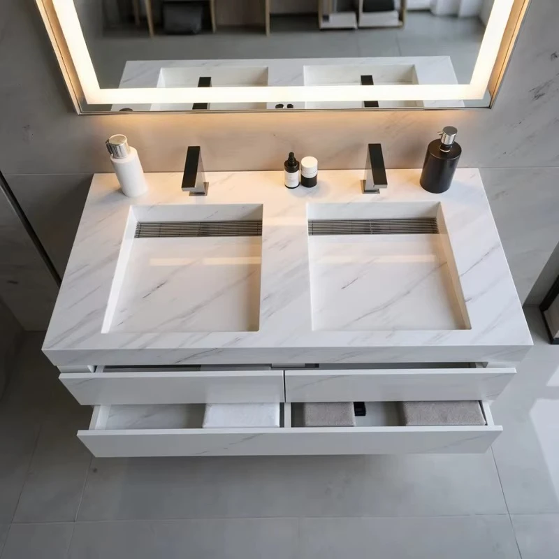

Modern bathroom vanity marble colored cabinet texture with integrated solid surface sink for apartment