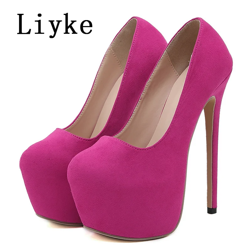 Liyke Elegant Women Party Wedding Stripper Heels Sexy Thick Bottom Round Toe Shallow Slip-On Shoes Platform Pumps Stiletto Mujer