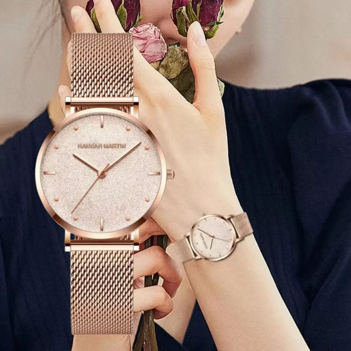 

HANNAH MARTIN Watch for Women Desert Dial Design Top Luxury Japan Quartz Wristwatch Stainless Steel Rose Gold Waterproof Reloj