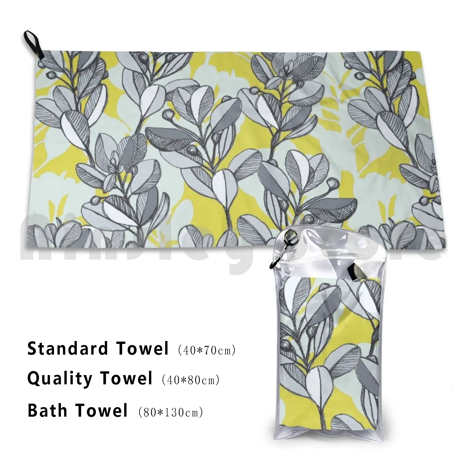 Leaf And Berry Sketch Pattern In Mustard And Ash Bath Towel Beach Cushion 2176 Nature Leaf Leaves Berries