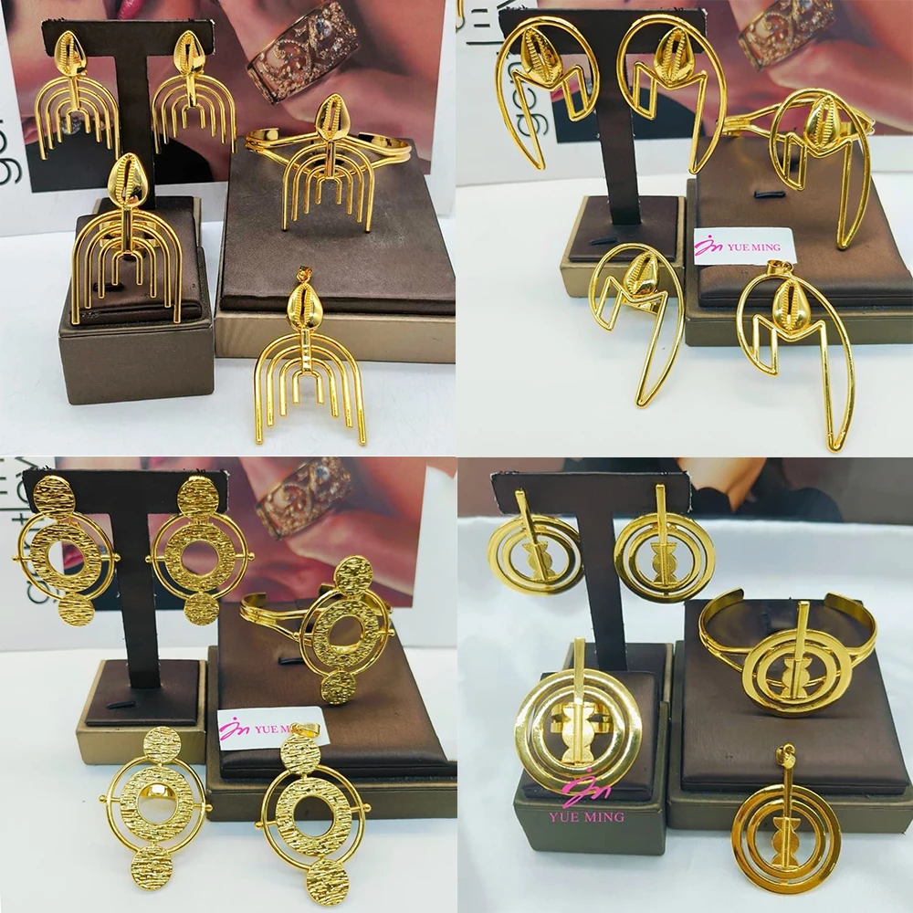 4sets Jewelry Sets for Women Geometry Pendant Earrings 18k Gold Color Cuff Bangles Adjustable Ring African Jewellry Accessories