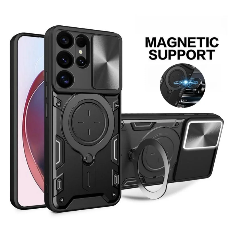 Samsung ギャラクシー S24 のための贅沢な磁気リング立場の装甲箱 GalaxyS24 + プラス FE のための超 S 24 スライドのカメラの保護カバー