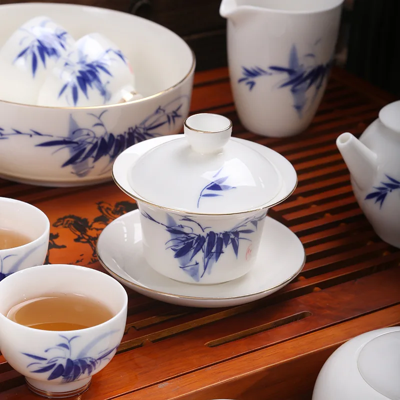 Blue and white hand-painted Kung Fu tea set, business housewarming gift
