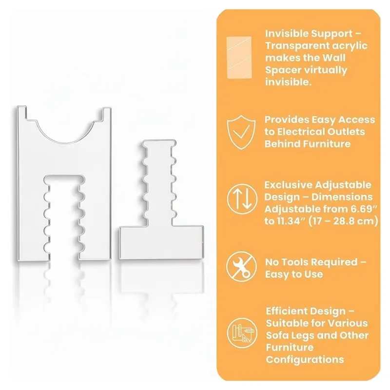 A63K-Prevent Fire Risks& Ensure Furniture Safety- Adjustable Clear Acrylic Wall Spacer(2-Pack) 6.69" To 11.34" For Wall Protecti
