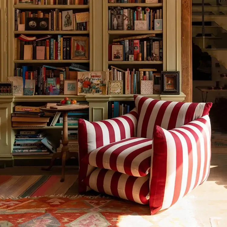 

French red and blue striped fabric sofa balcony single chair living room armchair Internet celebrity fashion