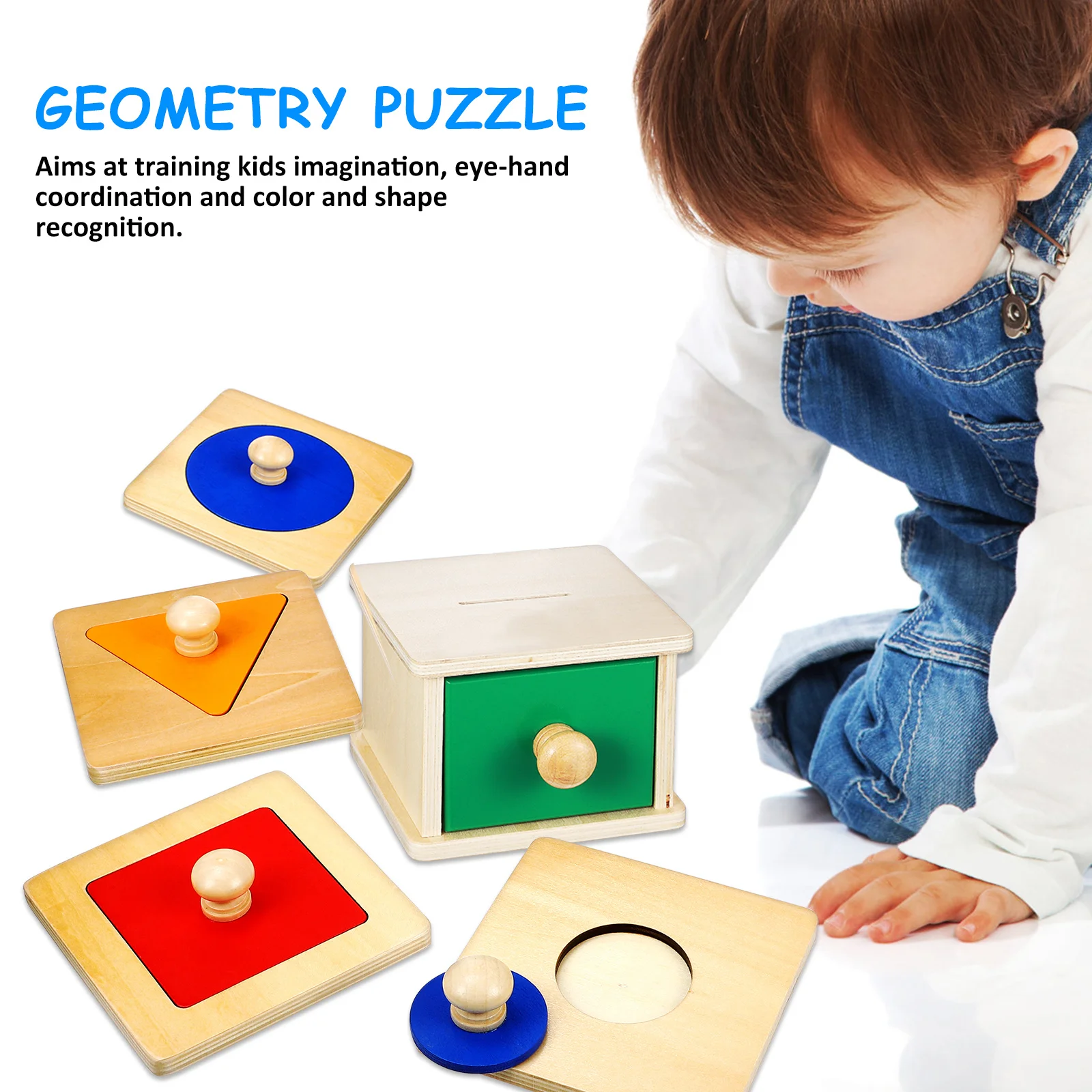 Juego de 2 cajas de rompecabezas con incrustaciones geométricas, ranura para monedas de madera, aprendizaje Montessori para niños pequeños, juego de clasificación de bebés de madera