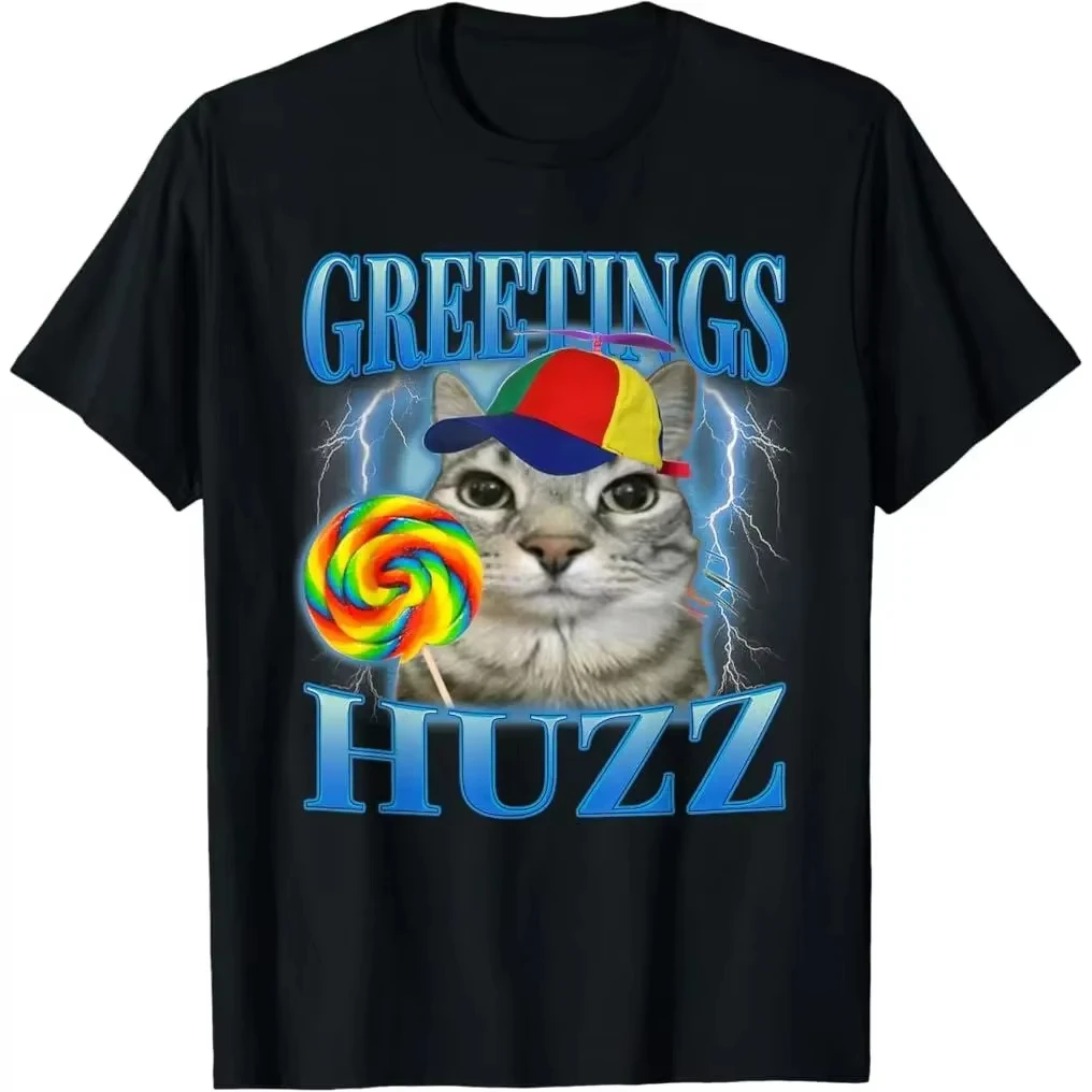 Lollipop Cat Meme Greetings Huzi Funny Silly Cat Humorous Men and Women Universal T-shirt Funny Pure Cotton T-shirt