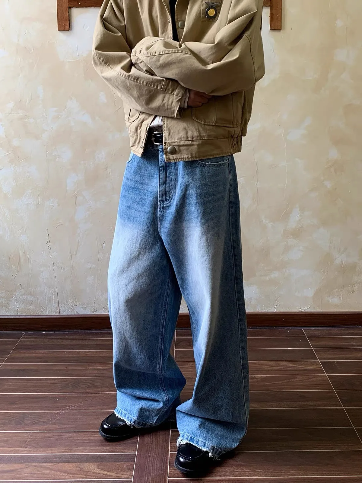 

American Waed Blue Straight Leg Men's Jeans Casual Loose Fit Versatile Floor-Length Polyester Fiber Summer Season