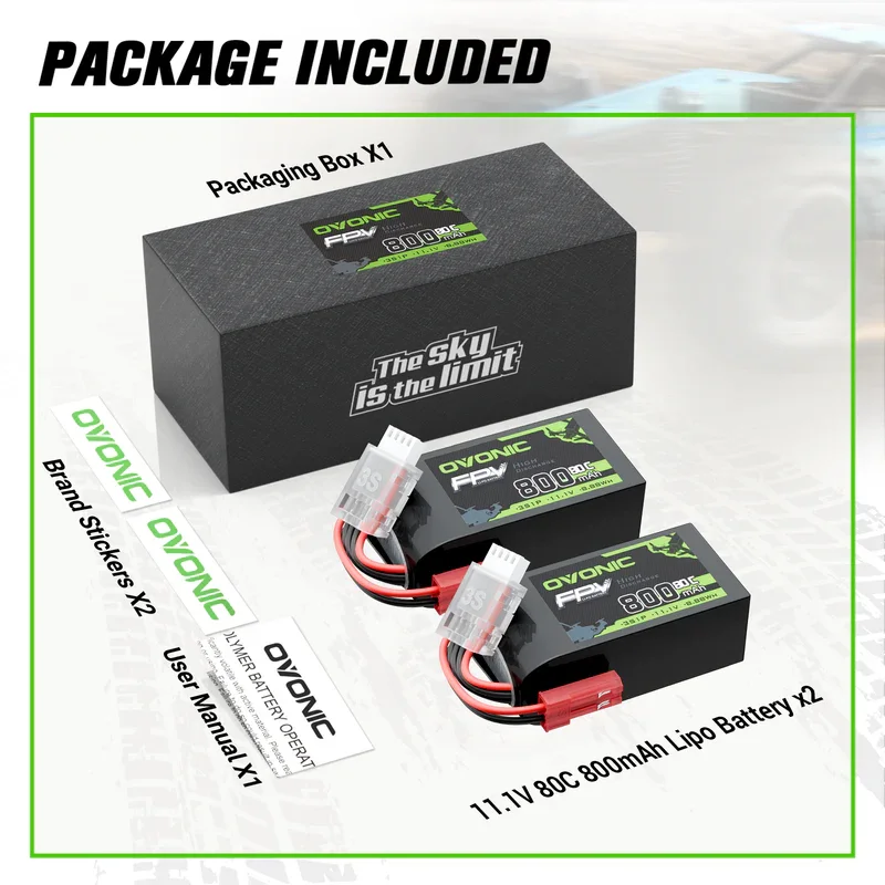 OVONIC 11.1V 80C 800mAh 3S LiPo Battery 2 Pack with JST Plug for Micro FPV Tinywhoop, Cinewhoop Drones & Helicopters view 6