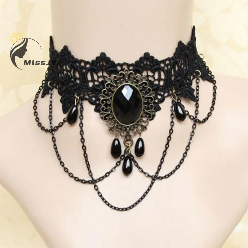 New Sexy Gothic Chokers Crystal Black Lace Neck Choker Necklace Vintage Victorian Women Chocker Steampunk Jewelry