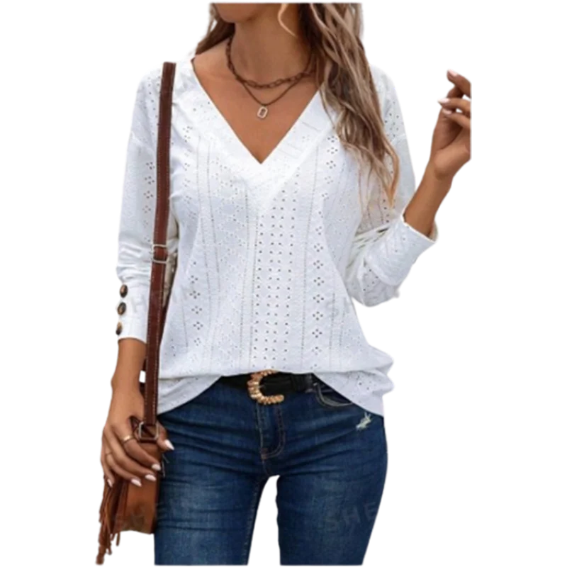Women\'s White Long Sleeve V-Neck T-Shirt Lady Simple Hollow Button Spring Autumn Pullover Top
