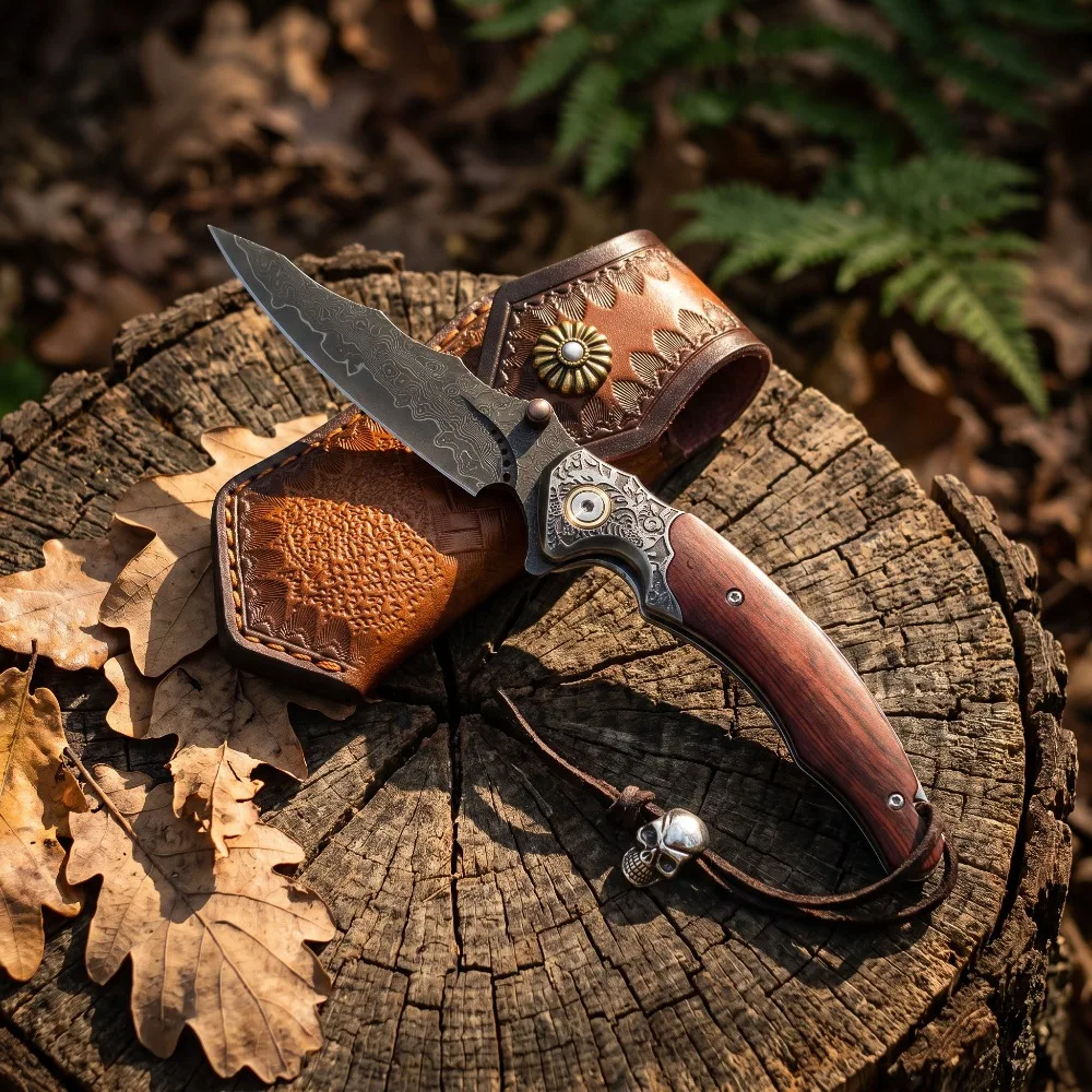 damascus-folding-knife-curved-red-wooden-handle-outdoor-hunting-camping-edc-collection-pocket-knife