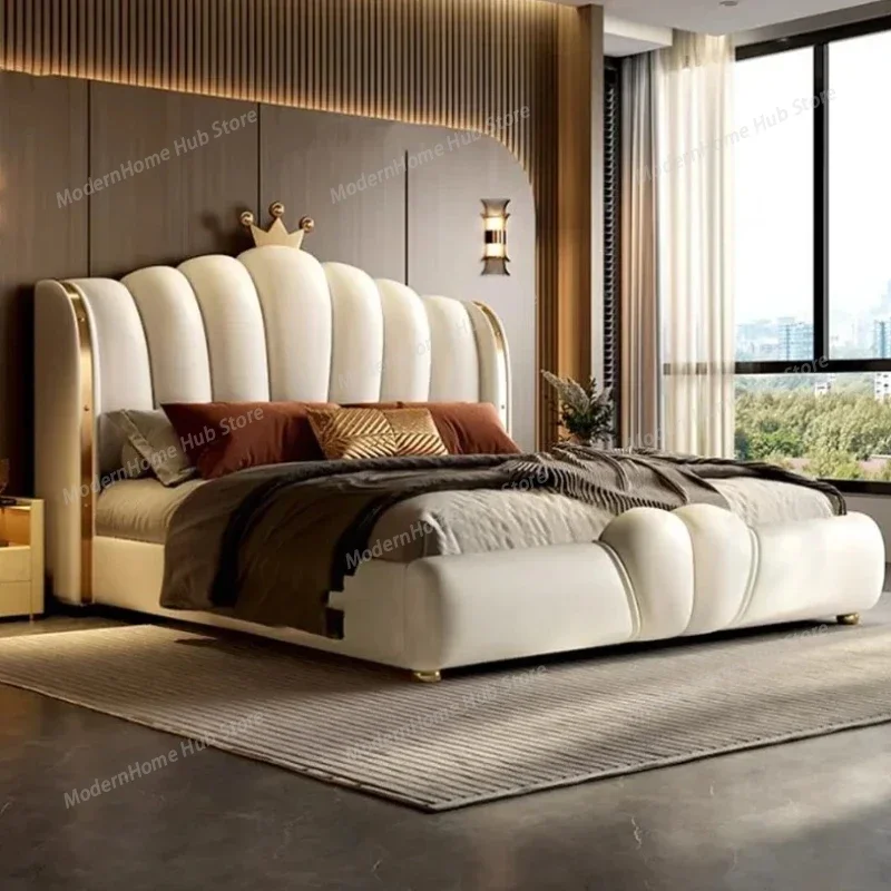 Modular Designer Aesthetic Bed Frame King Size Queen Double Bed Frame White Faux Leather Camas Matrimonial Bedroom Furniture