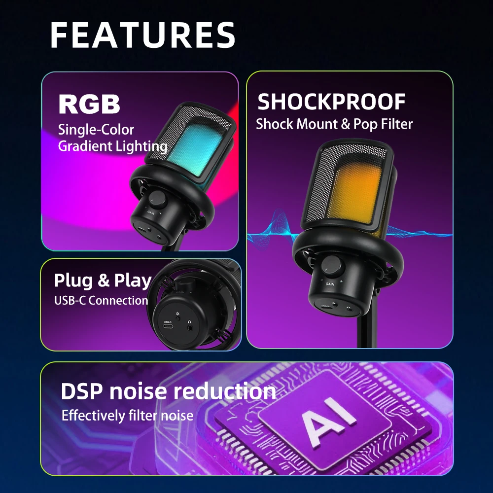 USB Microphone with Touch Mute Button RGB Lighting Condenser Mic for PC Mac Gaming Streaming Podcasting Karaoke Recording