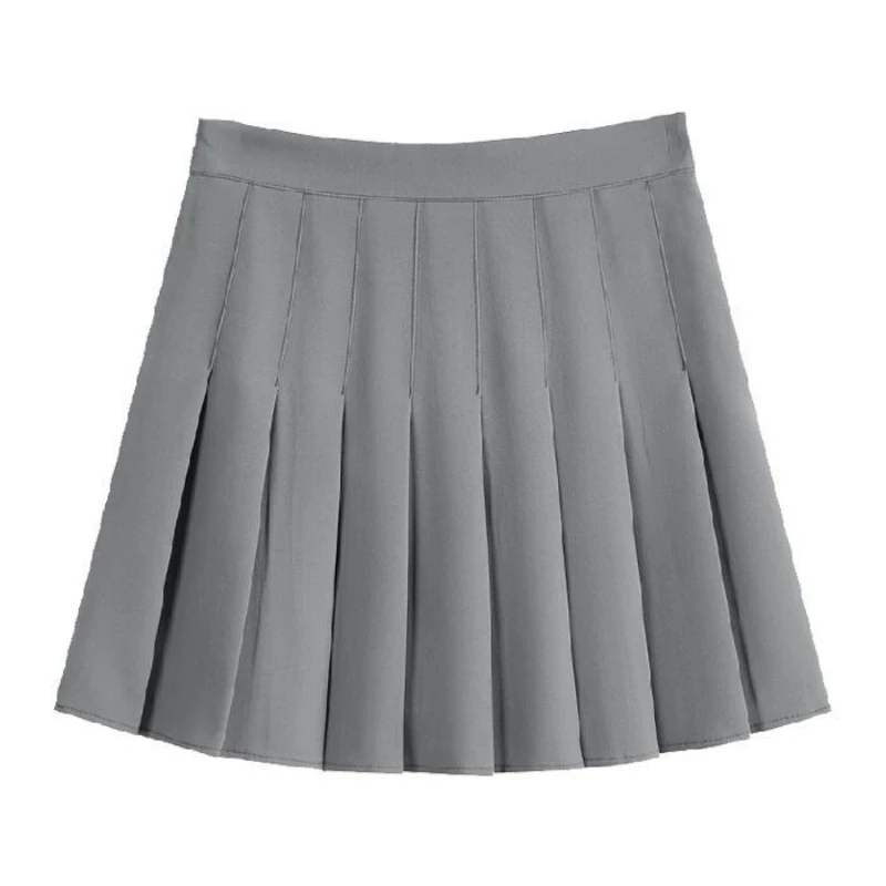 2026 Preppy Korean 2 Piece Set Women Plaid Collar 2-in-1 Polo Top Slim Fit Long Sleeve High Waist Grey Pleated Mini Skirt Daily
