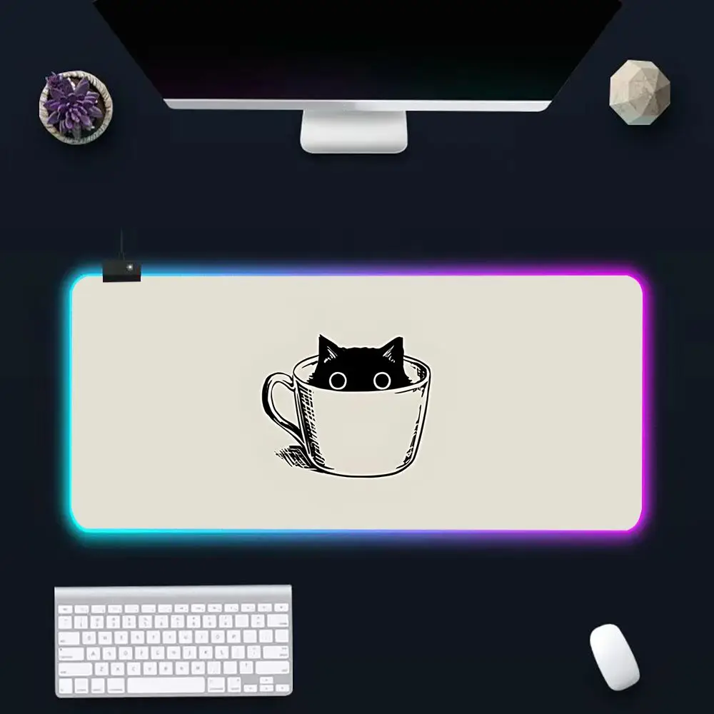 Alfombrilla de ratón con LED brillante para ordenador, alfombrilla de goma RGB para teclado de Gamer, gatos y cafés bonitos