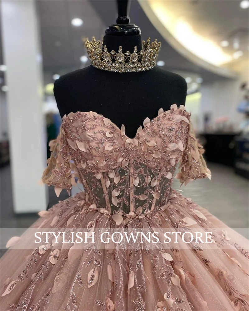 Gaun Meksiko merah muda Quinceanera gaun pesta kekasih manik-manik 3D bunga gaun pesta ulang tahun Prom manis 16 Robe De Bal