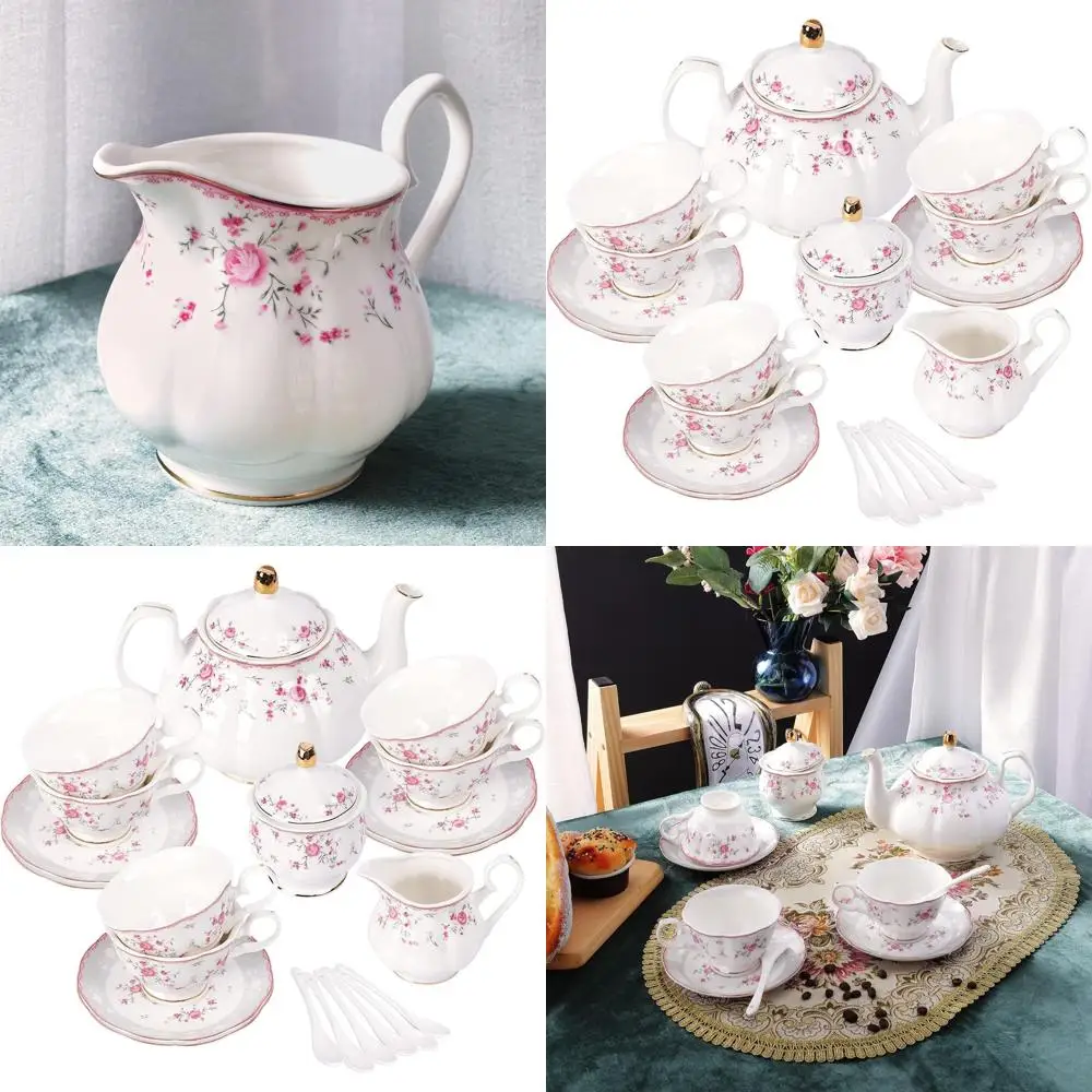 

Elegant Vintage Porcelain Teaware Set for 6, Floral Wedding-Themed Pink Rose Tea Cups and Saucers for Ladies' Gathering