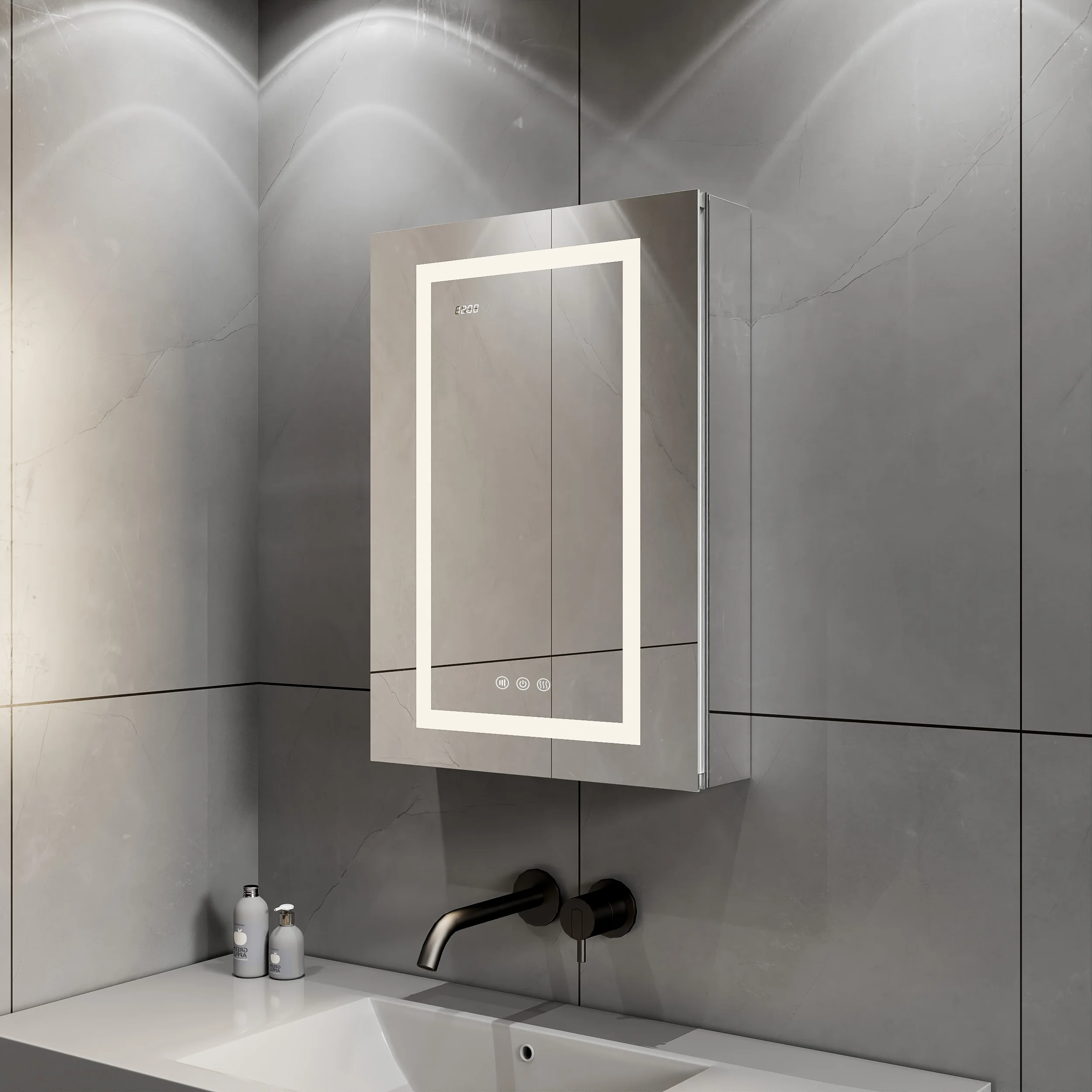 

Surface Mount Electrical Outlets Usb Ports Clock and Temper Display Defogger Smart Medicine Bathroom Cabinet With Mirror