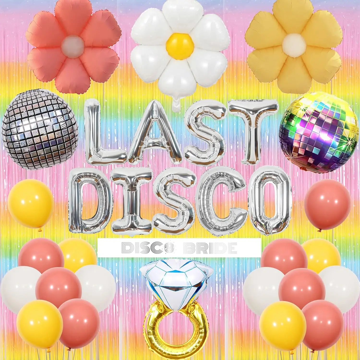 

Last Disco Bachelorette Party Decor 60s 70s Retro Disco Boho Sash Daisy Ring Ball Balloon Pastel Rainbow Foil Fringe Curtain