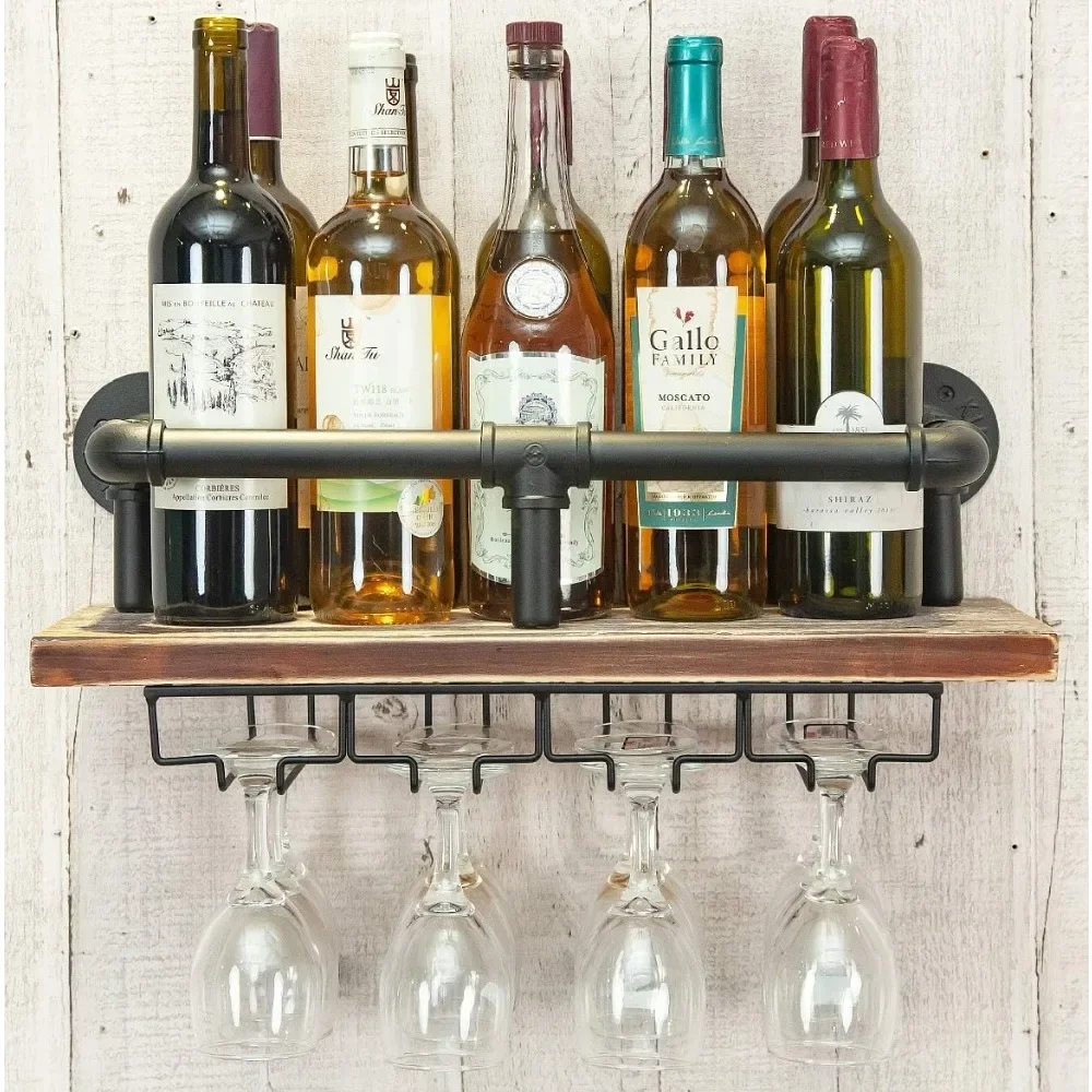 

Industrial Wall Mounted Wine Rack, Wine Bottle Stemware Glass Rack, Floating Shelf Pipe Hanging Shelving with Glass Holders for