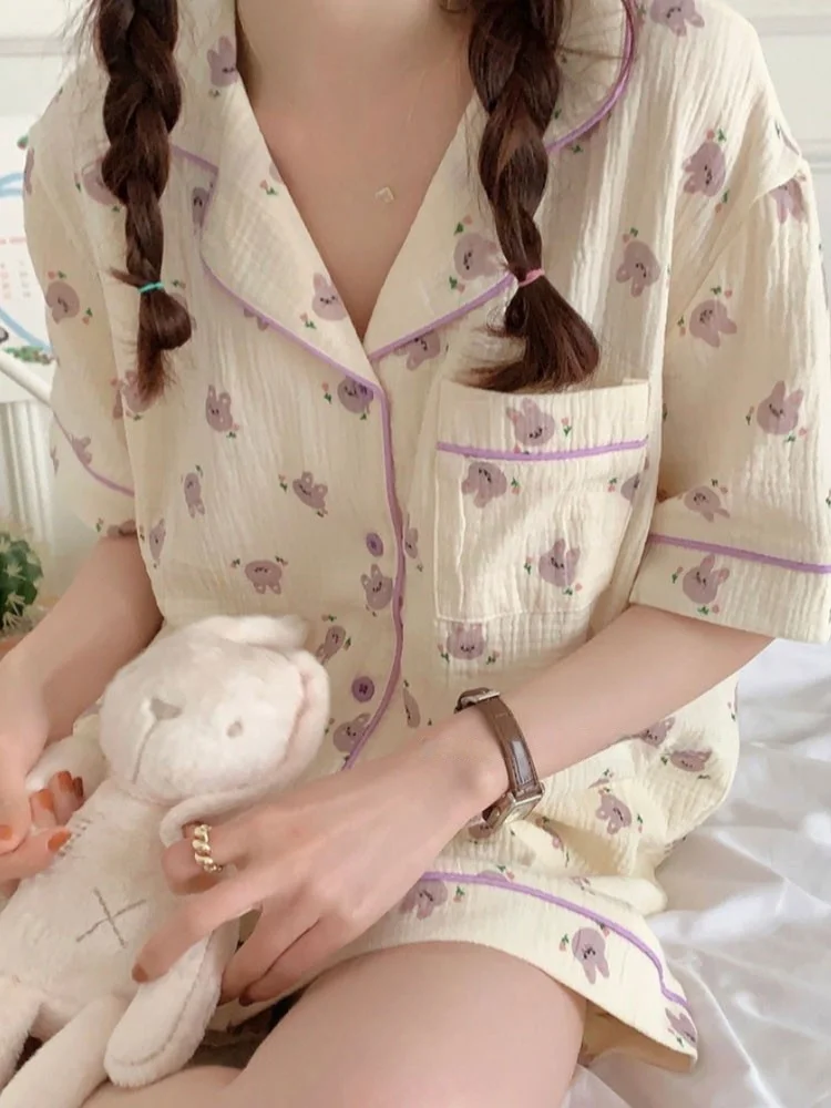 South korea Ins Girl Cute Bunny Pajamas Women Summer Short sleeve Shorts Thin Sweet Casual Home Wear Set