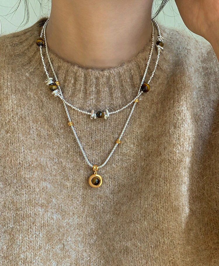 Gold- und Silberfarbene Kette, kreisförmiger Tigerauge-Stein-Anhänger, Halskette, luxuriöser Schmuck für Damen, sexy Schlüsselbein-Accessoires – Detail 5
