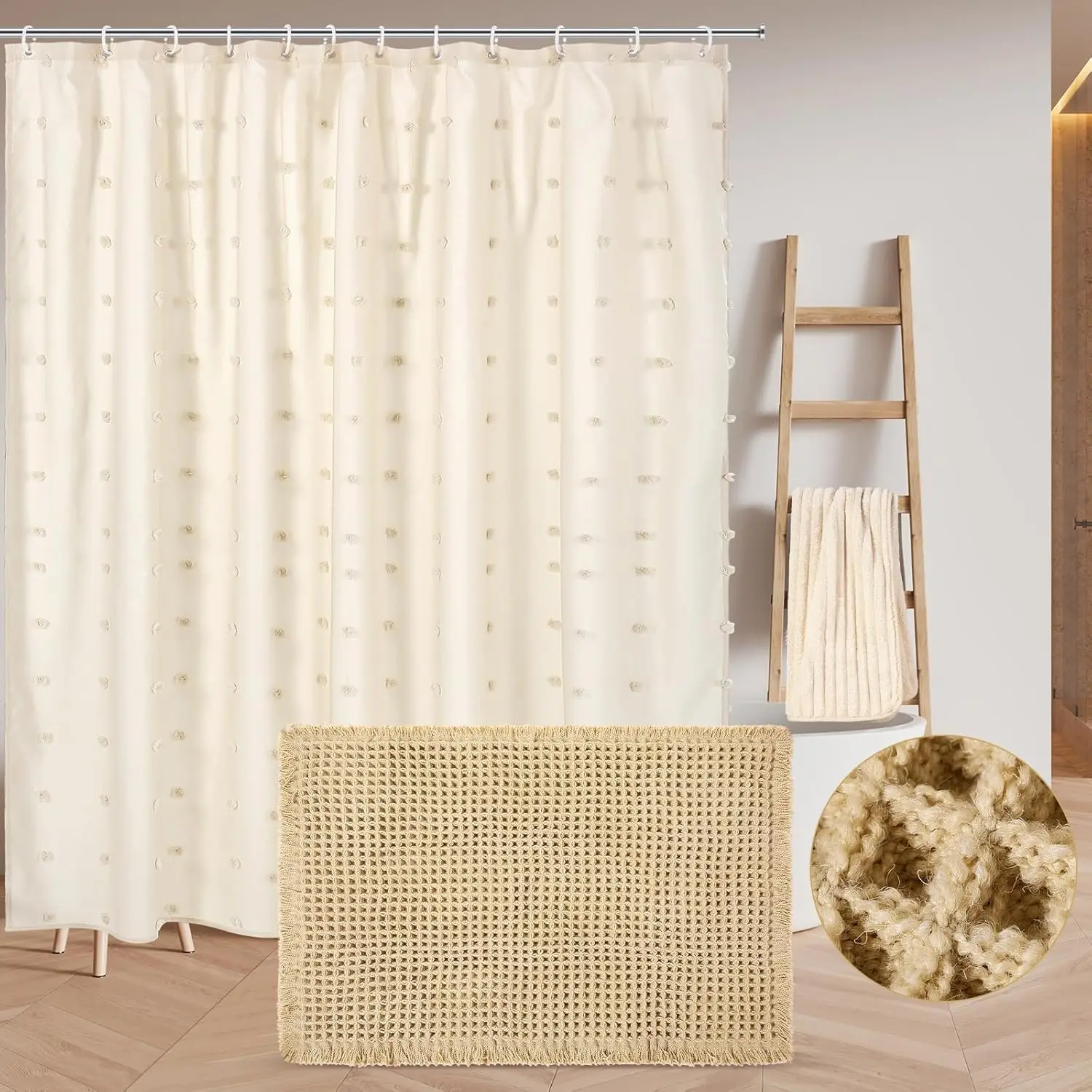 

3 Pcs Boho Farmhouse Bathroom Shower Curtain Set with Waffle Bath Mat and Towel Cream Waterproof neu al shower curtain