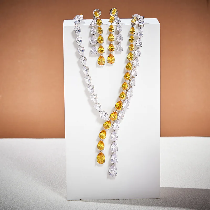 

Designer Collection Jewelry Sets Women Lady Inlay Yellow Drop-shaped Cubic Zircon Double Chain Tassels Necklace Earrings
