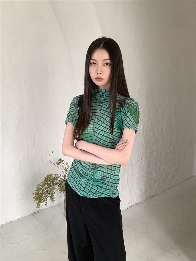 CHEERART Green Plaid Turtleneck Designer T Shirt For Women Summer Tops Patchwork High Neck Fashion Tees Aesthetic Clothes