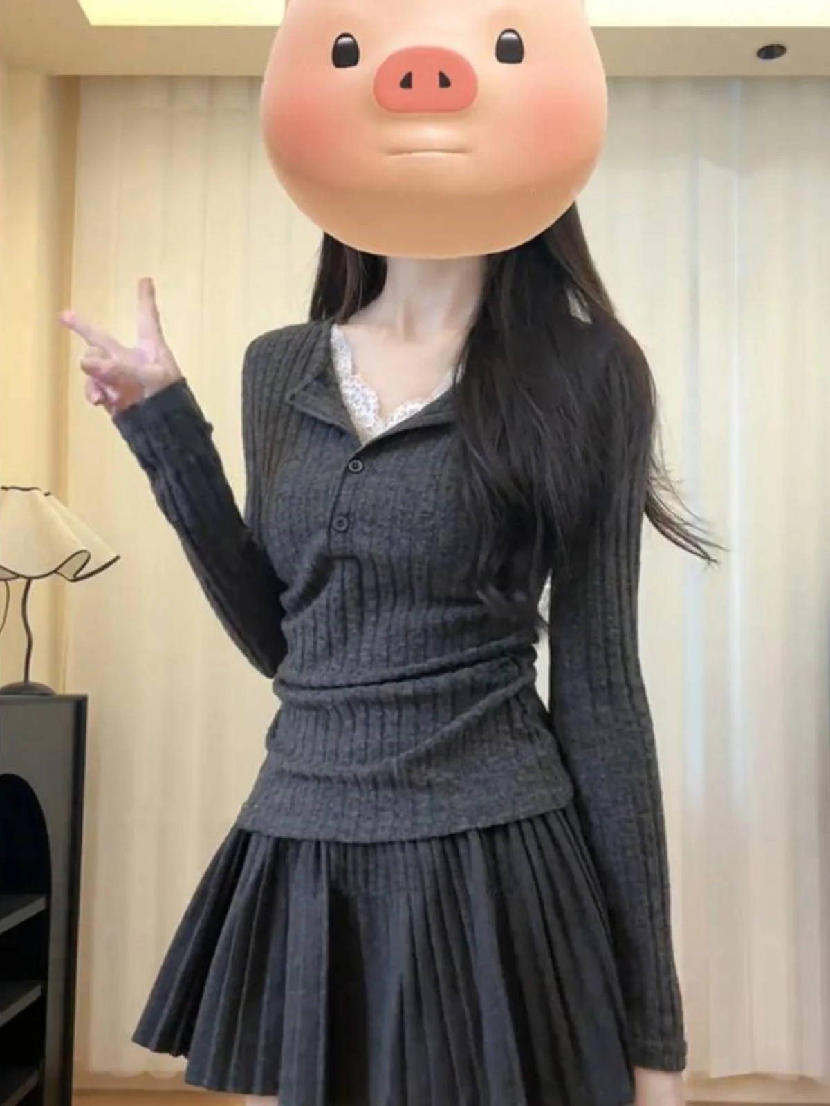 

Женский длинный вязаный топ с V-образным вырезом и кружевом, облегающий, в стиле сладко-пикантный, зимний дизайн, корейский стиль, для повседневной носки