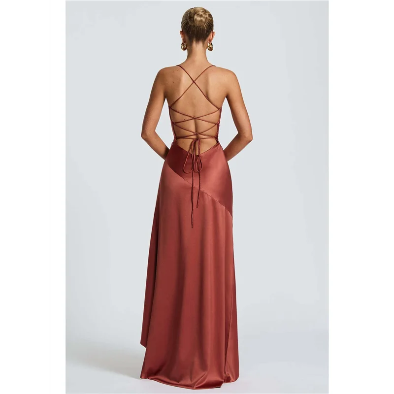 Vestido de cóctel con escote en V, sin mangas, de satén, con dobladillo con volantes, ajustado, largo, informal, con espalda abierta y abertura larga