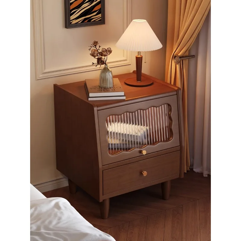 American retro solid wood bedside table bed walnut side cabinet French bedroom storage table rattan small cabinet locker