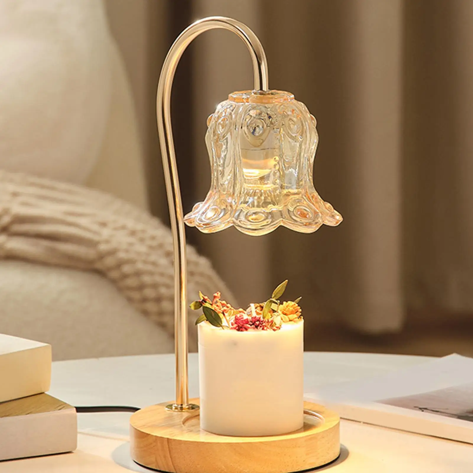 Electric Candle Heater with Timer, Glass Lampshade, Metal Stand, Non-Slip Base, 2 Bulbs - Perfect for office Decor