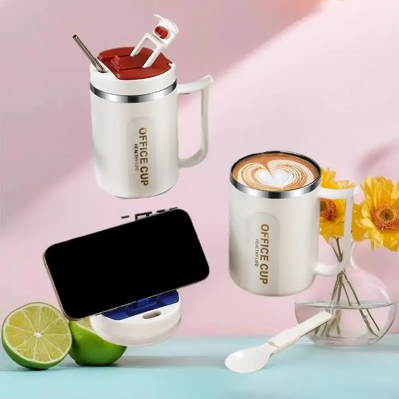 304 Stainless Steel Coffee Mug With Spoon Double Wall Thermal Stainless Steel Cold Water Drinks Tumbler Tea Milk Cup