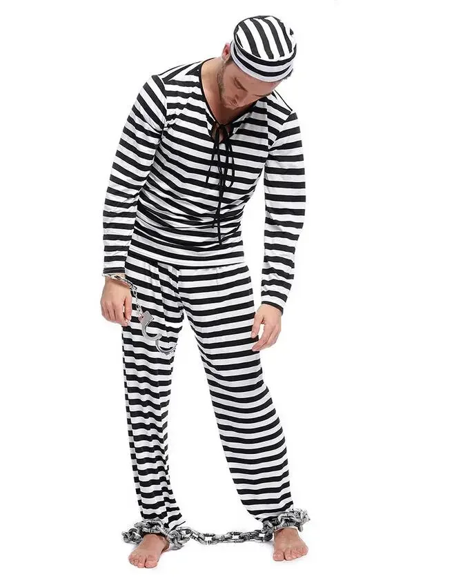 Mens Prisoner Costume Adult Halloween Costume for Men Black and White Stripes Prison School Party Fancy Costume