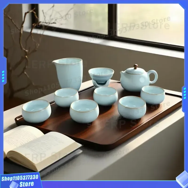 Xishi Teapot Chinese Celadon Blue Porcelain Gongfu Tea Set with Cups Traditional Ru Kiln Style Ceramic Drinkware for Home