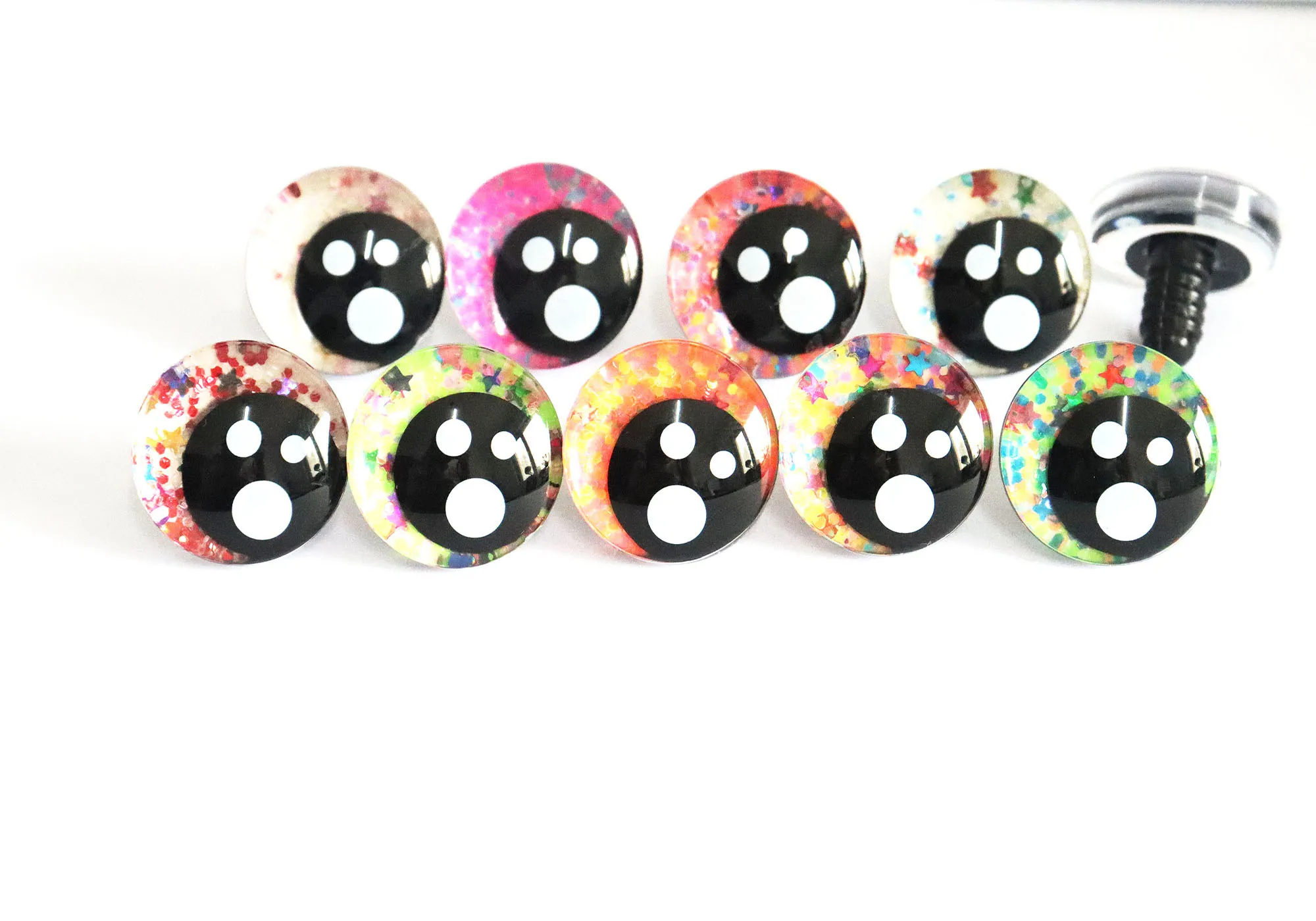 10pair colorful 25mm clear print Offcentre 3D  Comical round glitter toy eyes with hard washer color option--S9