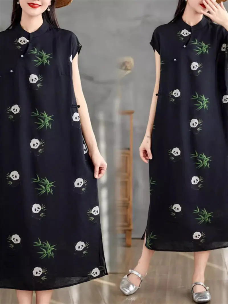 

Summer 2024 New Chinese Style Printed Stand Up Collar Dress Artistic Ladies Improved Short Sleeve Qipao Slit A-Line Dress K1268