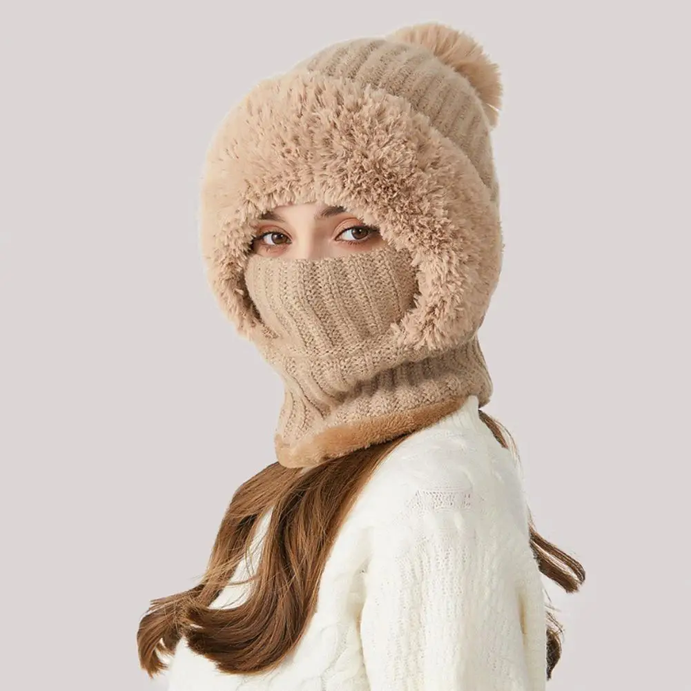 سميكة متماسكة نمط قبعة المرأة محبوك قبعة المرأة 3 في 1 وشاح محبوك قبعة مع أفخم الكرة ديكور يندبروف قبعة الثلوج لفصل الشتاء
